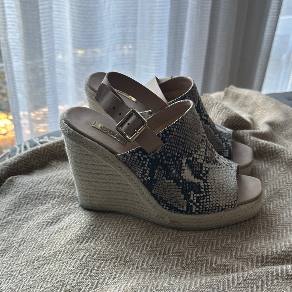 Qupid Beige and Snakeskin Wedge Sandals